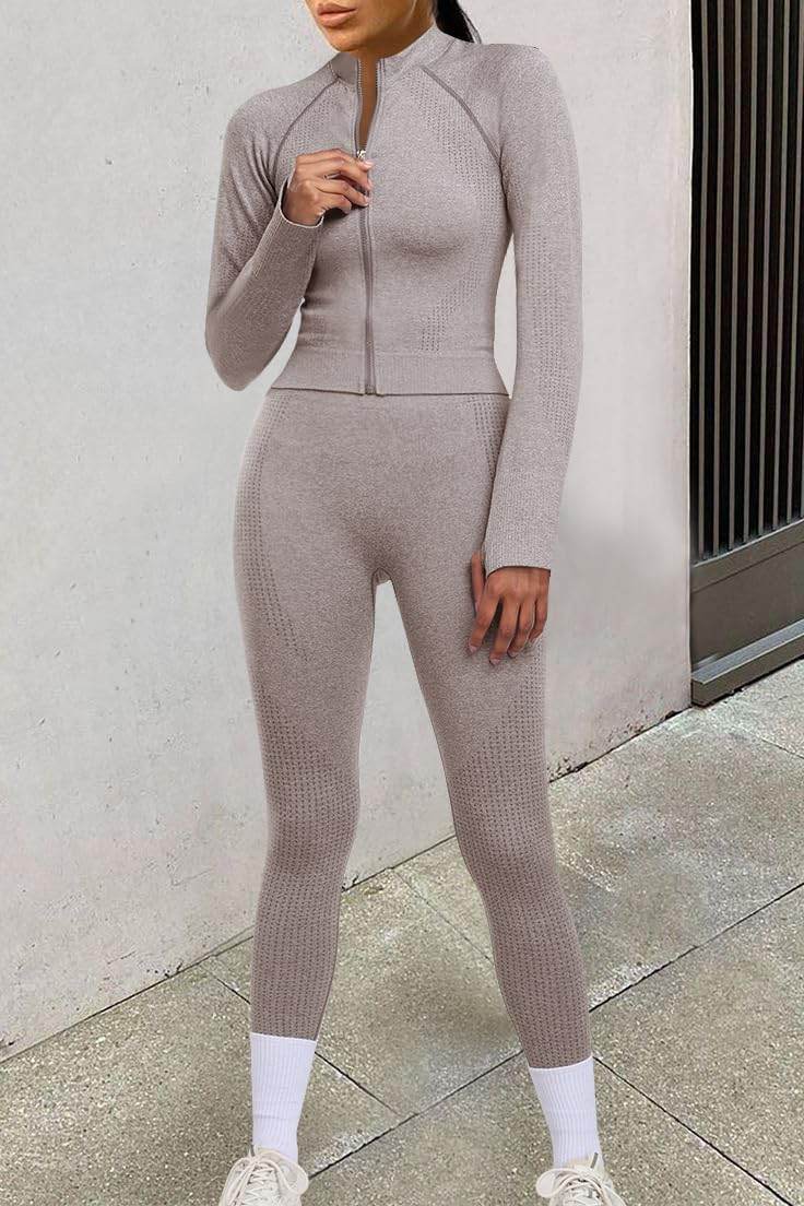 OLCHEE Womens Workout Sets 2 Piece - Seamless Yoga Outfits Long Sleeve Zipper Jacket and High Waist Leggings Butt Lifting Gym Set - Cream Medium - zenfulharmony.com
