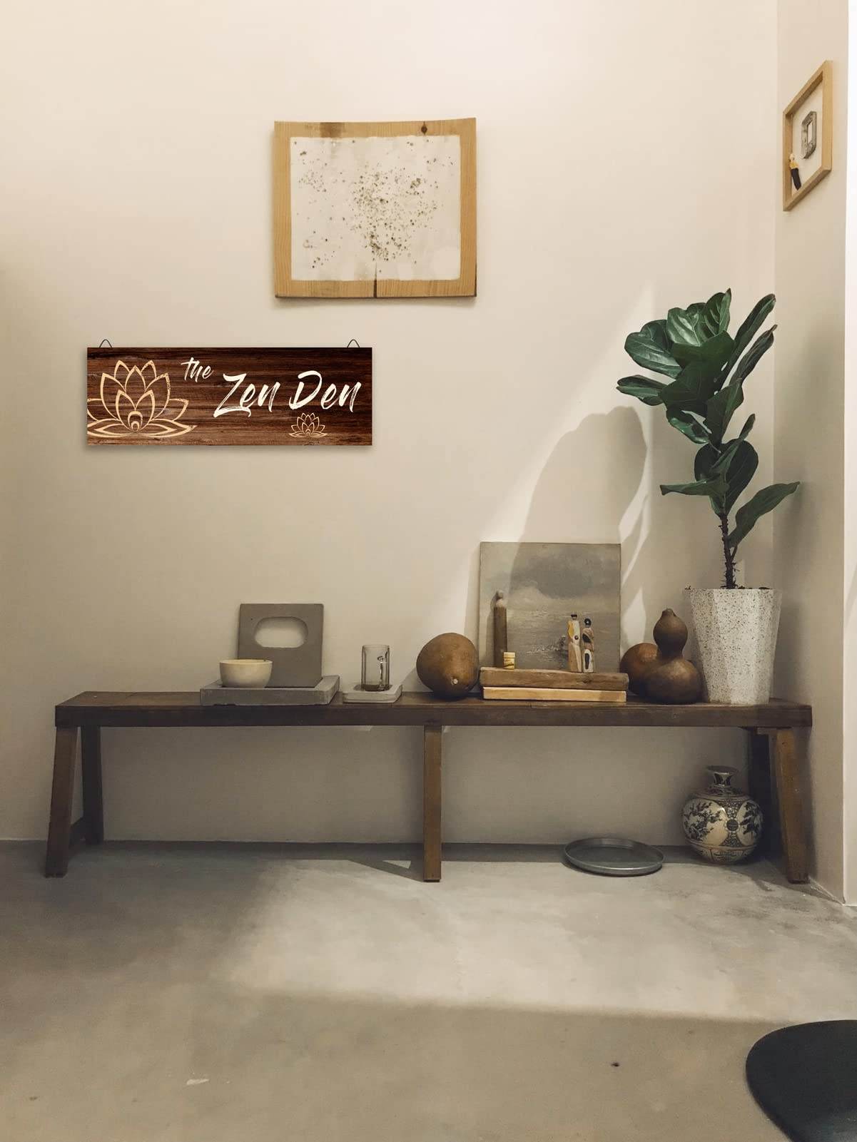 The Zen Den Wooden Wall Sign, 13.7 x 4.7 Inches Hippie Room Decoration with Hooks, Hanging Meditation Accessories Decor for Chakra, Spiritual Room Accents - zenfulharmony.com