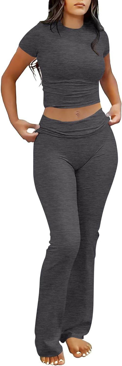 ANRABESS Lounge Sets for Women 2 piece Foldover Yoga Flare Leggings Pants Crop Tops Casual Y2K Outfits Matching Tracksuit Set - zenfulharmony.com