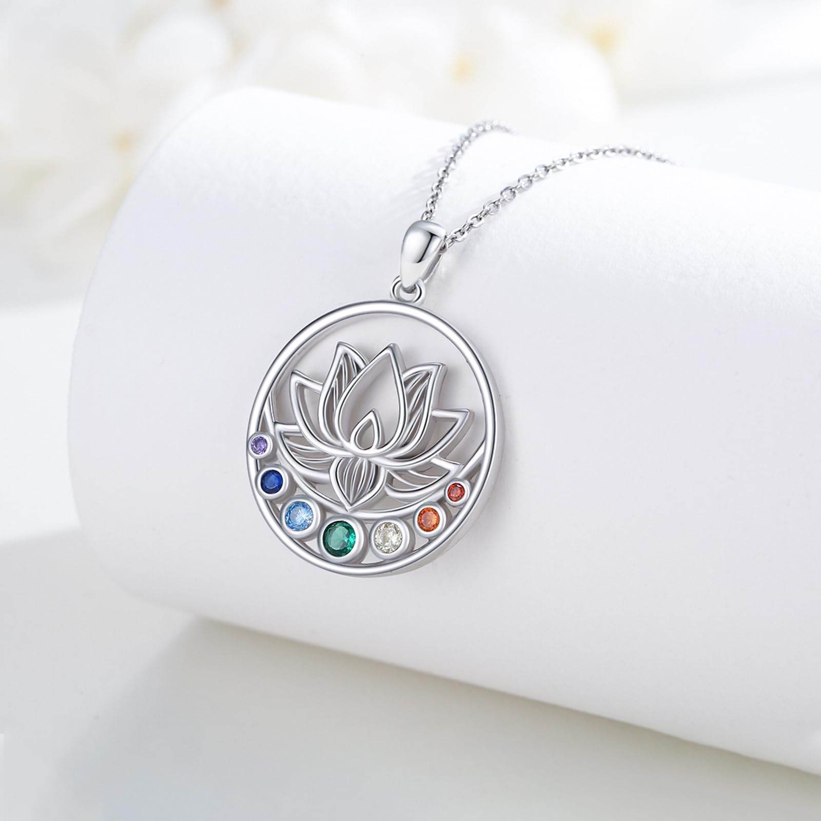 Suiknsn Lotus Chakra Necklace 925 Sterling Silver 7 Chakra Pendant Necklace Lotus Flower Spiritual Jewelry Birthday Yoga Gifts for Women Lotus Lovers Yoga Lovers - zenfulharmony.com