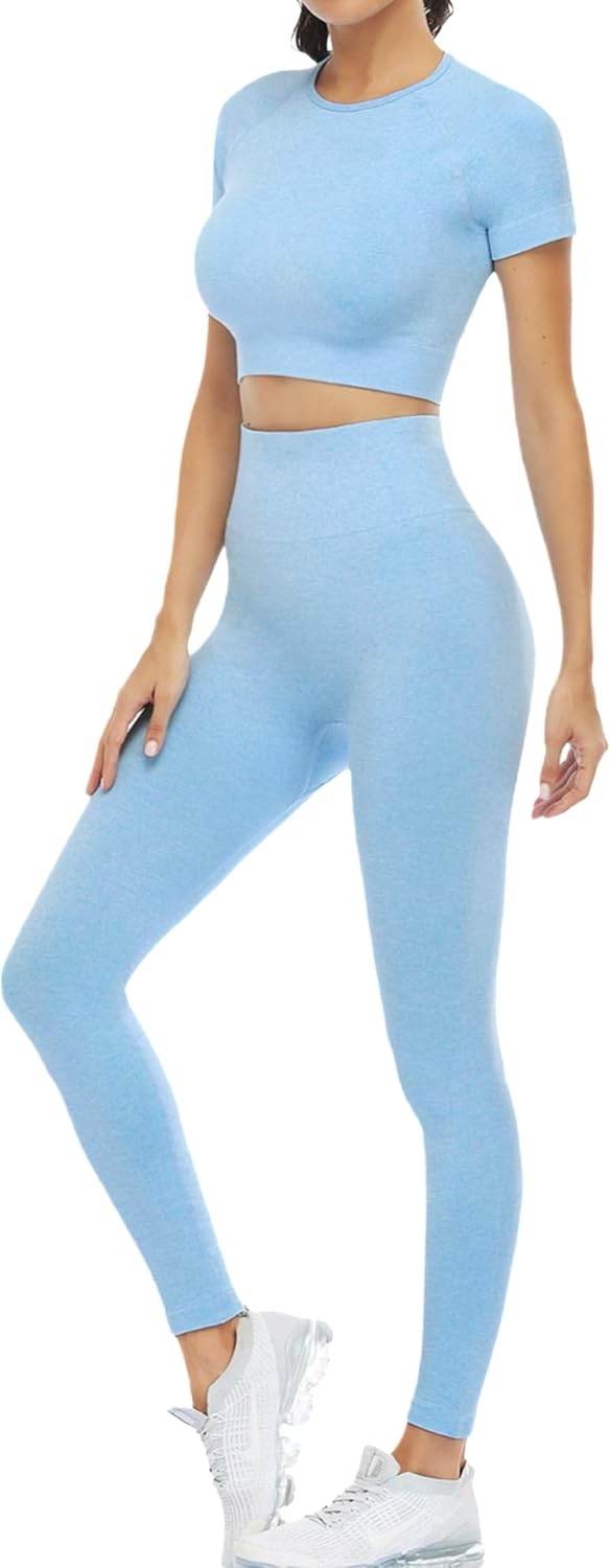 2 Piece Short Sleeve Outfits for Women Seamless Crop Tops Set for Women Workout Set - zenfulharmony.com