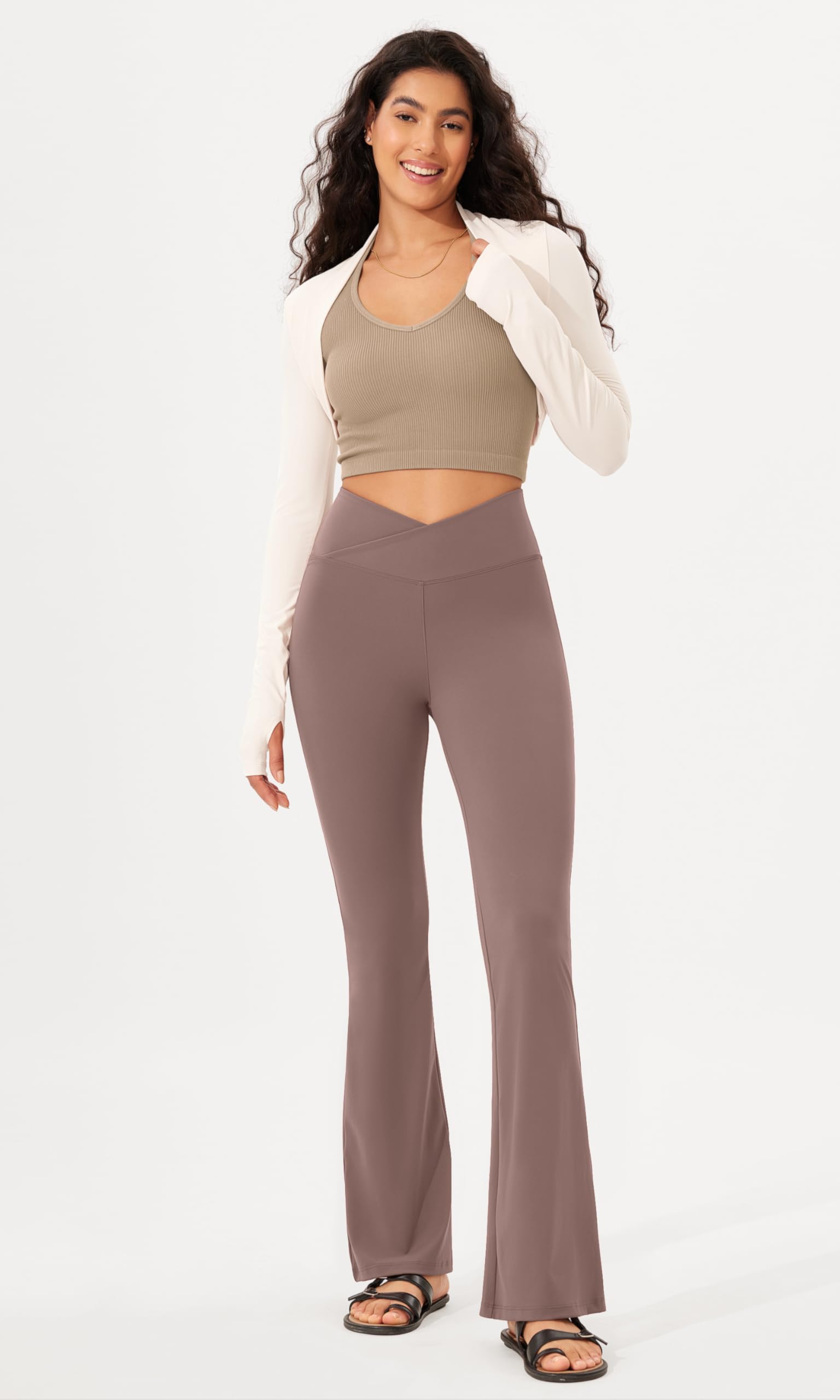 ODODOS Women's Cross Waist Bootcut Yoga Pants with Hidden Pocket, Non See Through Bootleg Athlete Workout Pants -Inseam 31", Purple Taupe, X-Large - zenfulharmony.com