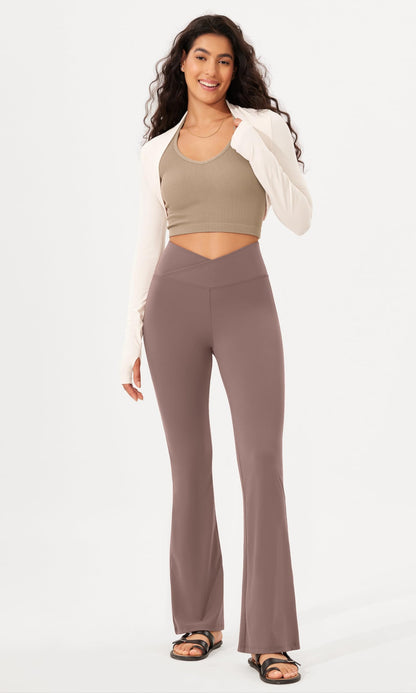 ODODOS Women's Cross Waist Bootcut Yoga Pants with Hidden Pocket, Non See Through Bootleg Athlete Workout Pants -Inseam 31", Purple Taupe, X-Large - zenfulharmony.com