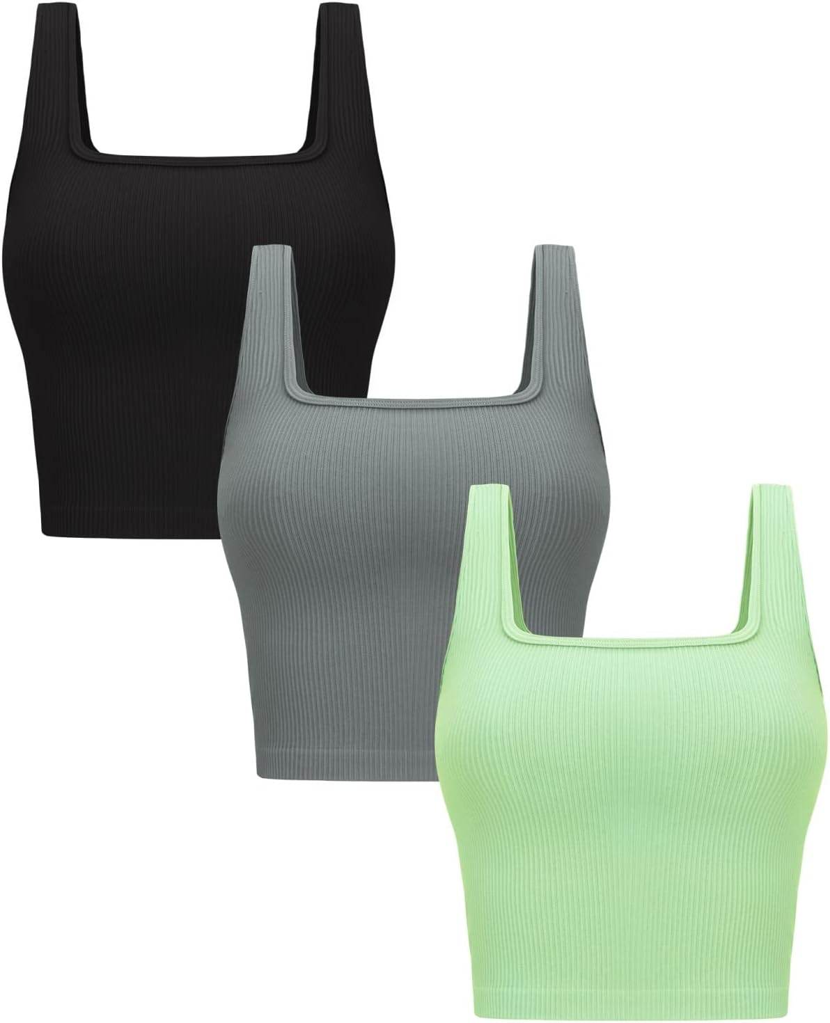OLCHEE Womens 3 Pack Crop Tank Tops Basic Seamless Ribbed Sleeveless Square Neck Workout Top Summer Exercise Yoga Gym Shirts - zenfulharmony.com