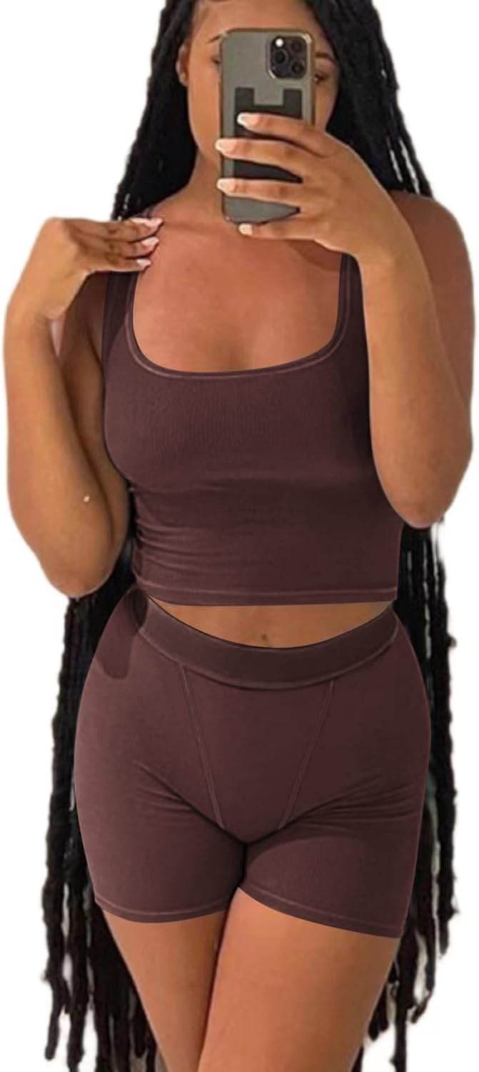 AYWA Casual Workout Sets Two Piece Outfits for Women Ribbed Crop Tank Top High Waist Leggings Active Wear - zenfulharmony.com