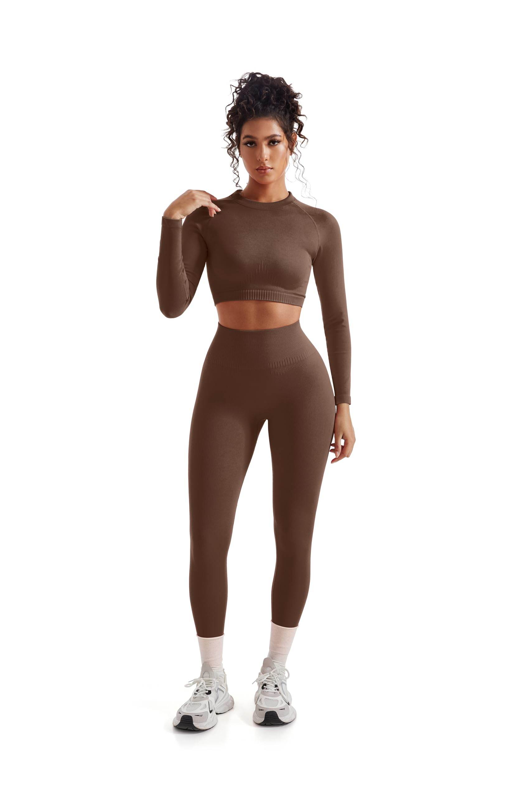 SUUKSESS Women 2 Piece Workout Sets Hidden Scrunch Butt Lifting Seamless Leggings Long Sleeve Yoga Crop Tops High Waisted Yoga Pants (Brown, M) - zenfulharmony.com