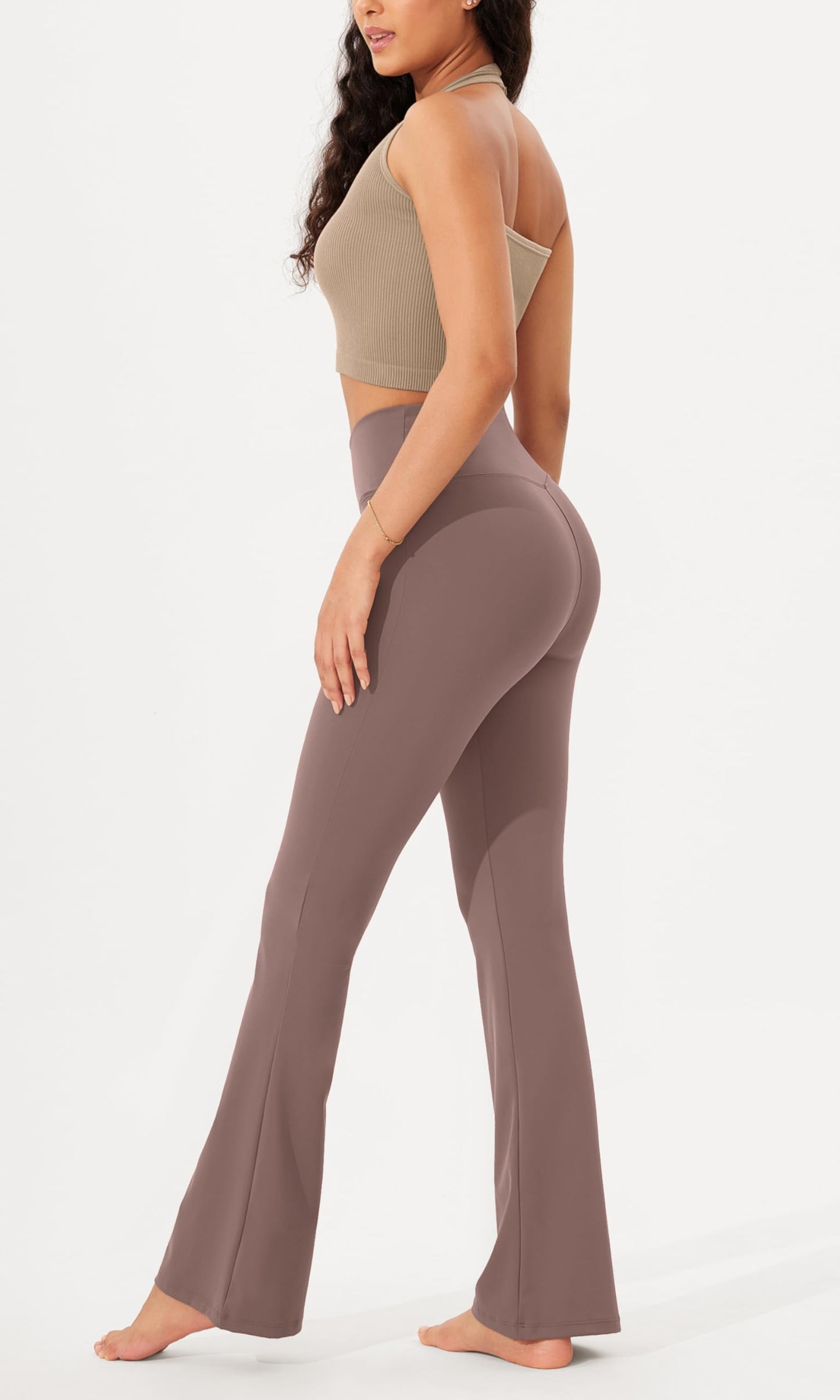 ODODOS Women's Cross Waist Bootcut Yoga Pants with Hidden Pocket, Non See Through Bootleg Athlete Workout Pants -Inseam 31", Purple Taupe, X-Large - zenfulharmony.com
