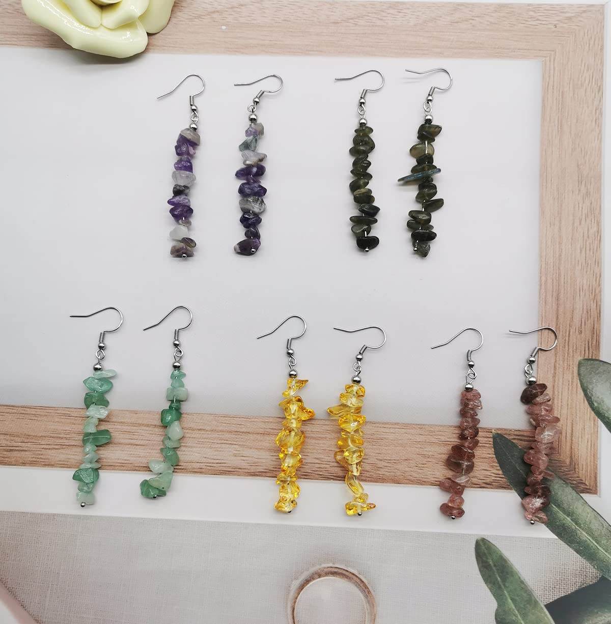 SAMOCO 10 Pairs Natural Stone Beaded Dangle Earrings for Women Colorful Crystal Drop Hook Earrings Chakra Gemstone Chip Earrings Set Meditation Yoga Jewelry - zenfulharmony.com