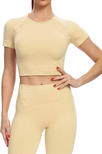 2 Piece Short Sleeve Outfits for Women Seamless Crop Tops Set for Women Workout Set - zenfulharmony.com