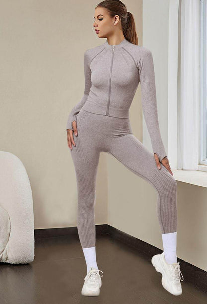 OLCHEE Womens Workout Sets 2 Piece - Seamless Yoga Outfits Long Sleeve Zipper Jacket and High Waist Leggings Butt Lifting Gym Set - Cream Medium - zenfulharmony.com