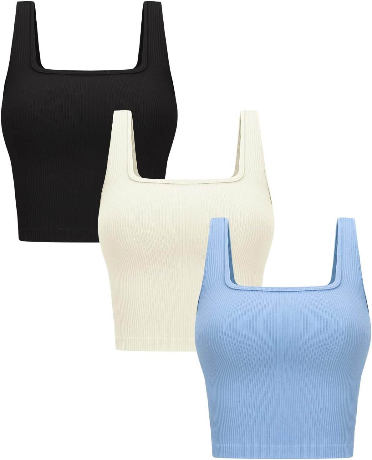OLCHEE Womens 3 Pack Crop Tank Tops Basic Seamless Ribbed Sleeveless Square Neck Workout Top Summer Exercise Yoga Gym Shirts - zenfulharmony.com