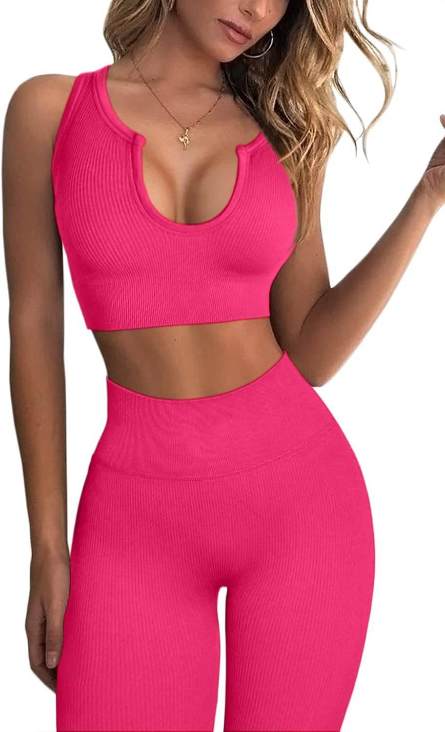 QINSEN Workout Outfits for Women 2 Piece Ribbed Seamless Crop Tank High Waist Yoga Leggings Sets - zenfulharmony.com