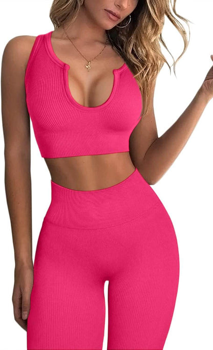 QINSEN Workout Outfits for Women 2 Piece Ribbed Seamless Crop Tank High Waist Yoga Leggings Sets - zenfulharmony.com