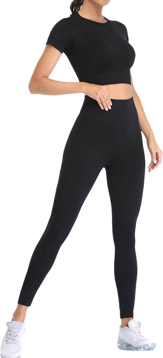 2 Piece Short Sleeve Outfits for Women Seamless Crop Tops Set for Women Workout Set - zenfulharmony.com