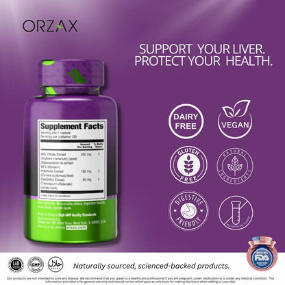 ORZAX Milk Thistle 250 mg - Herbal Supplement with 80% Silymarin Supplement, Dandelion, Artichoke Extract - Halal and Dairy-Free - 120 Vegetable Capsules - zenfulharmony.com