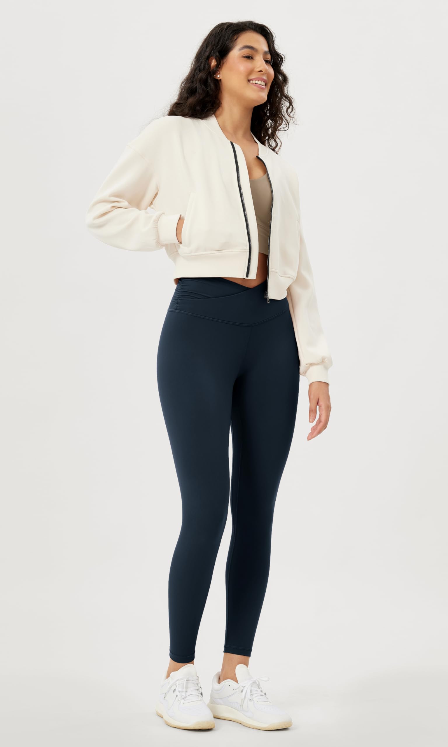 ODODOS Women's Cross Waist 7/8 Yoga Leggings with Inner Pocket, Inseam 25" Gathered Crossover Workout Yoga Pants, Deep Navy, Large - zenfulharmony.com