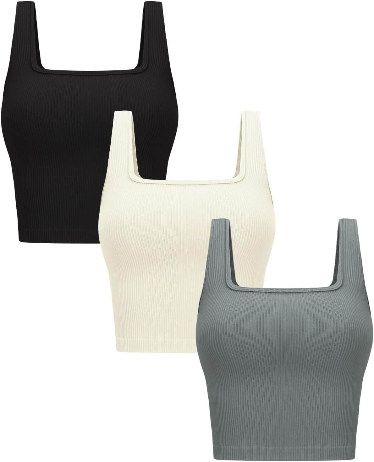 OLCHEE Womens 3 Pack Crop Tank Tops Basic Seamless Ribbed Sleeveless Square Neck Workout Top Summer Exercise Yoga Gym Shirts - zenfulharmony.com