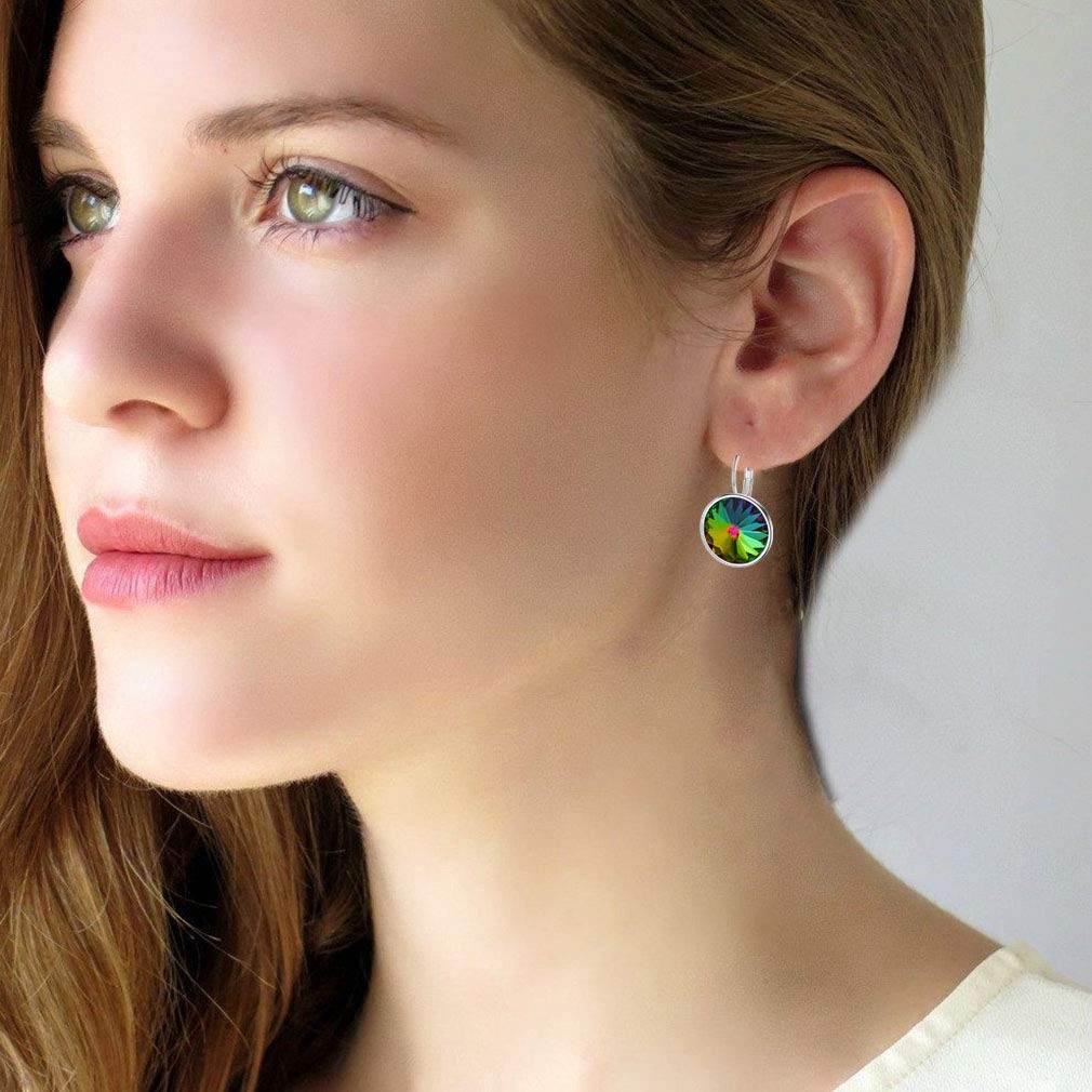Austrian Crystal Round Drop Leverback Earrings for Women 14K Gold Plated Hypoallergenic Hoop Earrings (Rainbow) - zenfulharmony.com