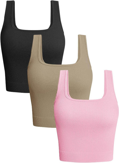 OLCHEE Womens 3 Pack Crop Tank Tops Basic Seamless Ribbed Sleeveless Square Neck Workout Top Summer Exercise Yoga Gym Shirts - zenfulharmony.com