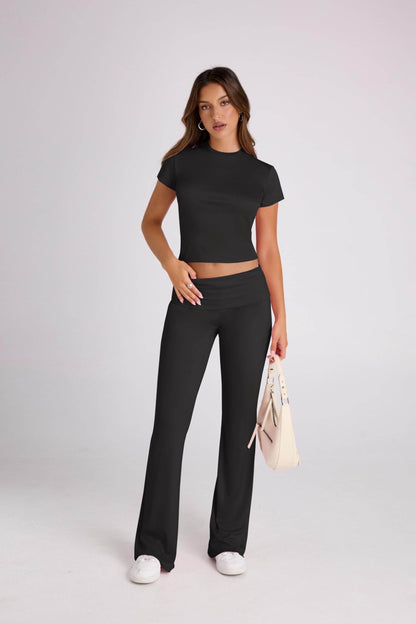 Ivicoer Women's Two Piece Outfit Basic Short Sleeve Crop Top and Low Rise Flare Pants Set High Waisted Pants Lounge 2 Piece Yoga Tracksuit Women Outfits Black M - zenfulharmony.com
