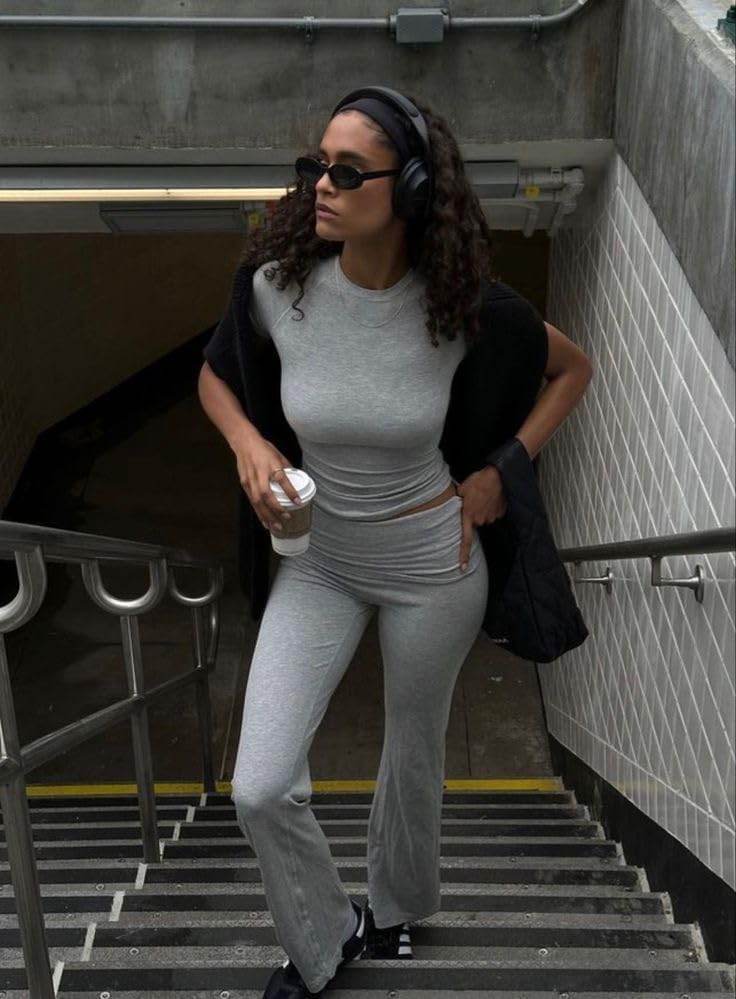 ZFLM Casual Workout Two Piece Outfits for Women Short Sleeve Crop High Waist Foldover Flare Pants Tracksuit Sets Streetwear - zenfulharmony.com