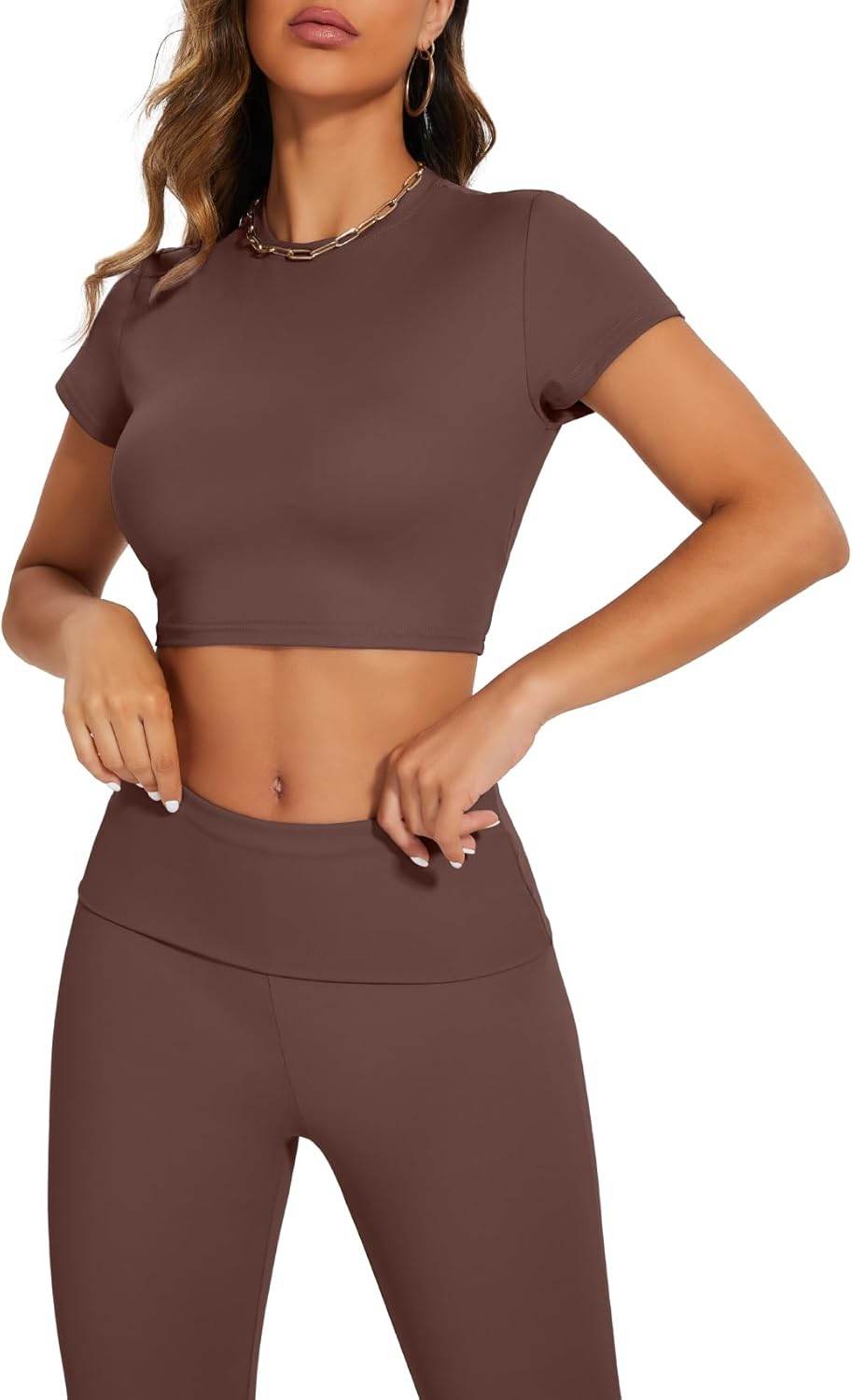 Lounge Sets For Women 2 Piece Casual Y2K Outfits Short Sleeve Cropped Tops Fold Over Flare Leggings Yoga Pants Tracksuits - zenfulharmony.com