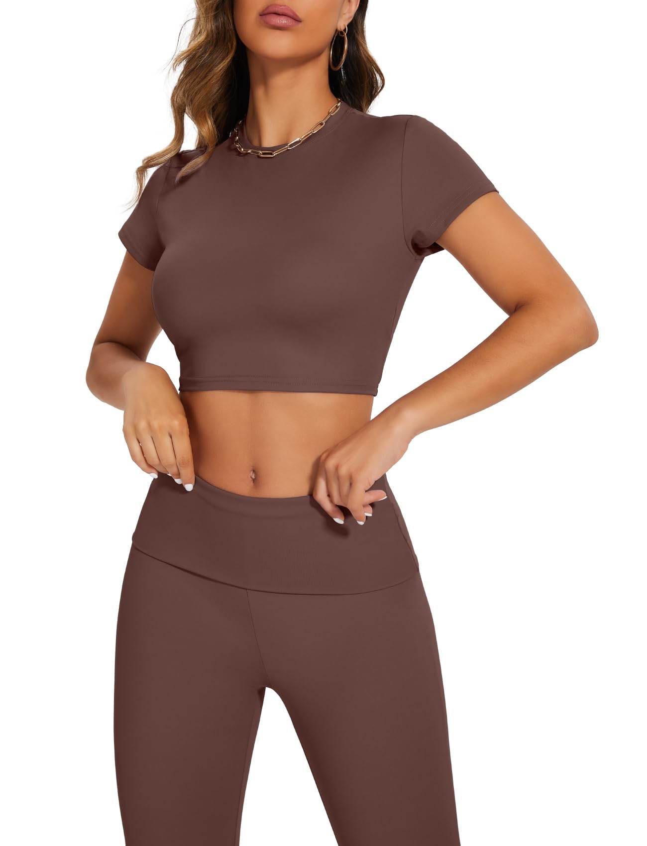SEASUM Women 2 Piece Y2K Casual Workout Outfits Short Sleeve Crop Tops Fold over Yoga Pants Tracksuit Streetwear Lounge Sets Coconut Brown XS - zenfulharmony.com