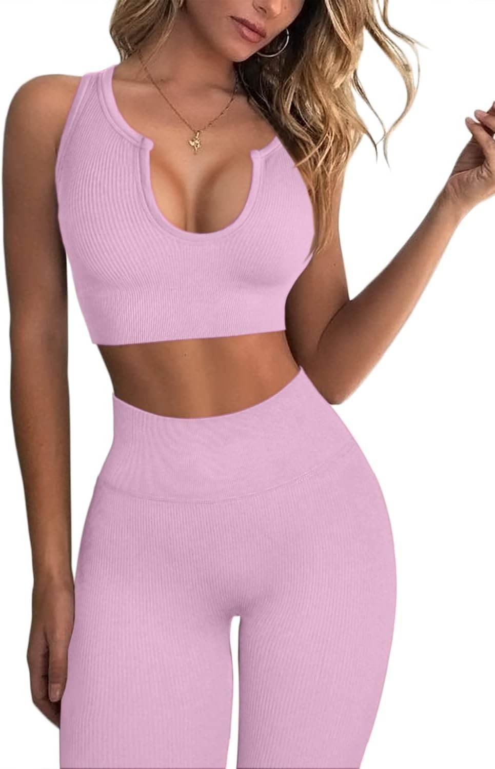 QINSEN Workout Outfits for Women 2 Piece Ribbed Seamless Crop Tank High Waist Yoga Leggings Sets - zenfulharmony.com
