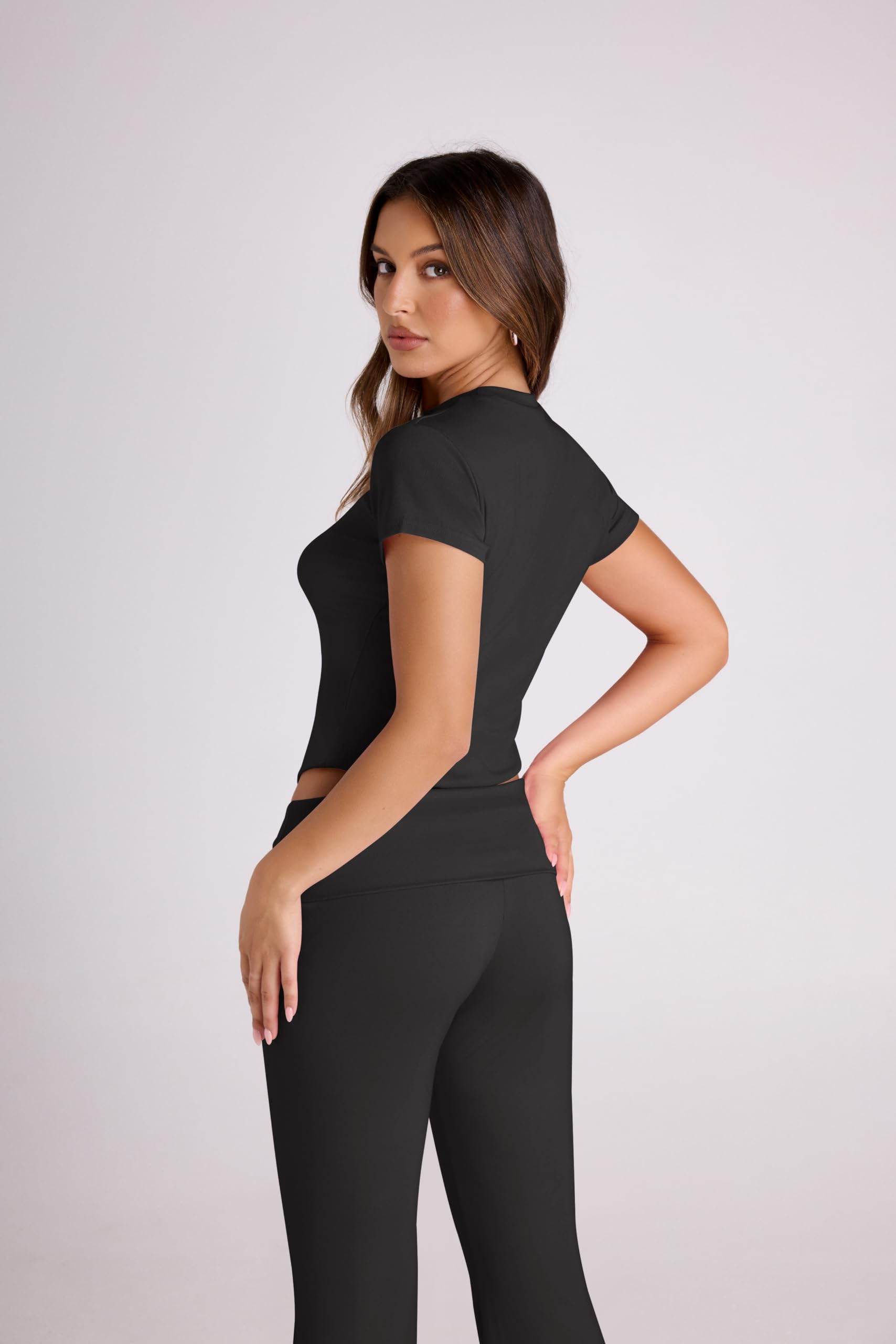 Ivicoer Women's Two Piece Outfit Basic Short Sleeve Crop Top and Low Rise Flare Pants Set High Waisted Pants Lounge 2 Piece Yoga Tracksuit Women Outfits Black M - zenfulharmony.com