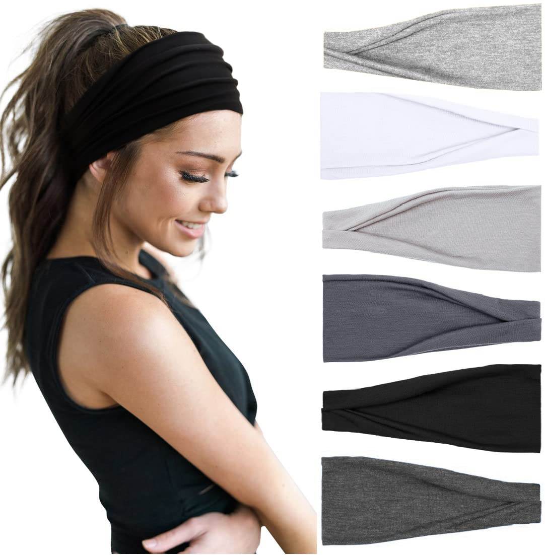 Huachi Women's Headbands for Yoga, Workout, Exercise - 6Pcs Elastic Hair Bands for Women's Hair - Tie Dye Bandeau Headband Sweatbands - Comfy Material - Upgraded Design - One Size - Black - zenfulharmony.com