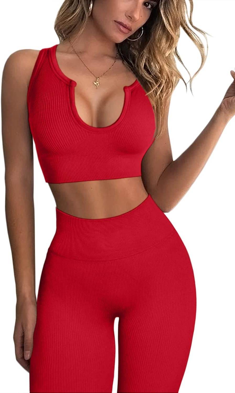 QINSEN Workout Outfits for Women 2 Piece Ribbed Seamless Crop Tank High Waist Yoga Leggings Sets - zenfulharmony.com
