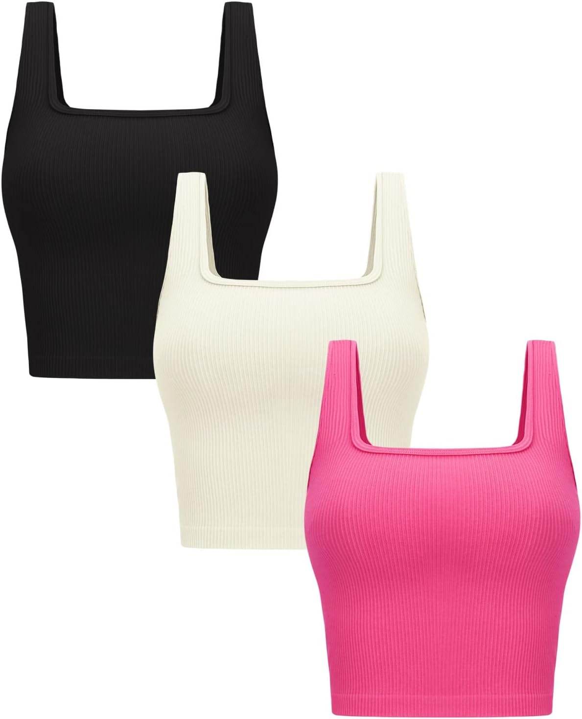 OLCHEE Womens 3 Pack Crop Tank Tops Basic Seamless Ribbed Sleeveless Square Neck Workout Top Summer Exercise Yoga Gym Shirts - zenfulharmony.com