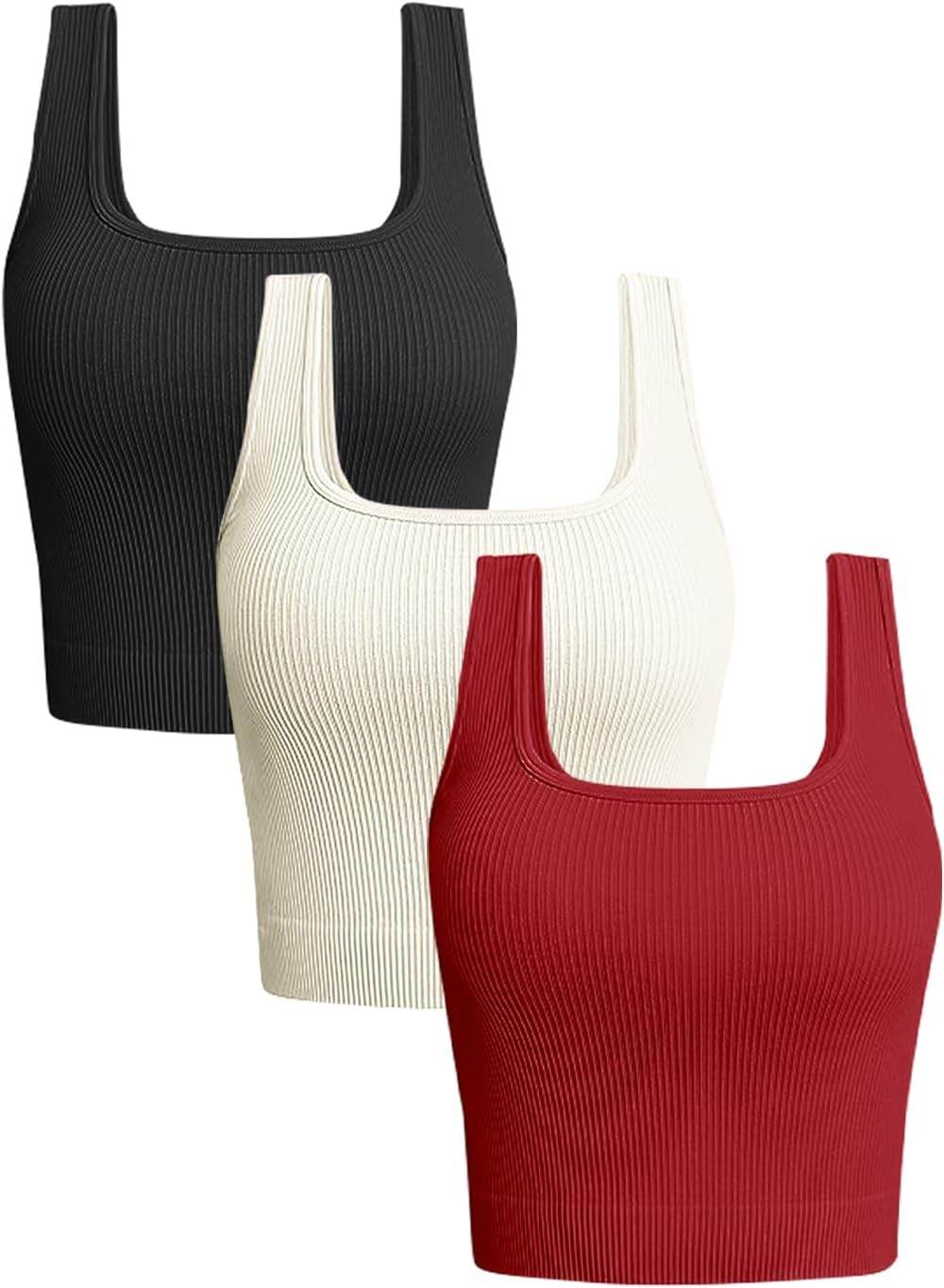 OLCHEE Womens 3 Pack Crop Tank Tops Basic Seamless Ribbed Sleeveless Square Neck Workout Top Summer Exercise Yoga Gym Shirts - zenfulharmony.com