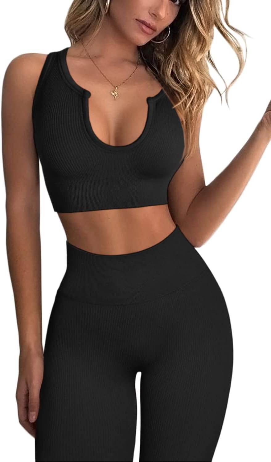 QINSEN Workout Outfits for Women 2 Piece Ribbed Seamless Crop Tank High Waist Yoga Leggings Sets - zenfulharmony.com