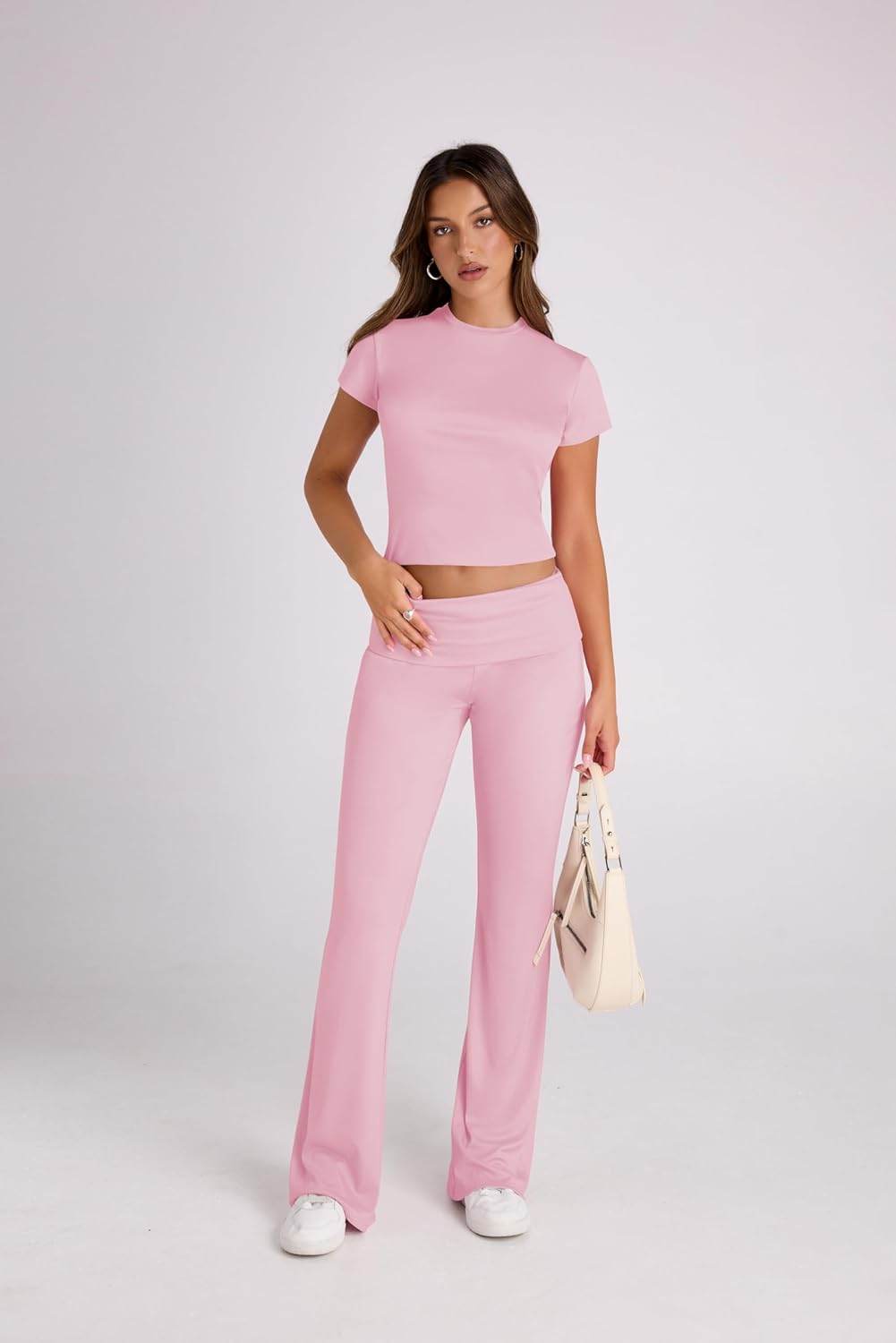 Ivicoer Stylish Women's 2 Piece Outfits Soft Short Sleeve Crop Tops and Fold over Yoga Pants Y2k Sets Two Piece Lounge Sets - zenfulharmony.com
