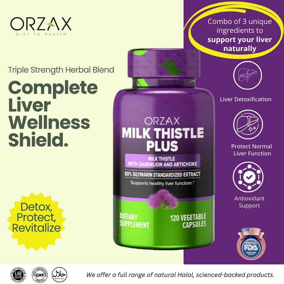 ORZAX Milk Thistle 250 mg - Herbal Supplement with 80% Silymarin Supplement, Dandelion, Artichoke Extract - Halal and Dairy-Free - 120 Vegetable Capsules - zenfulharmony.com