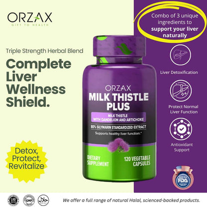 ORZAX Milk Thistle 250 mg - Herbal Supplement with 80% Silymarin Supplement, Dandelion, Artichoke Extract - Halal and Dairy-Free - 120 Vegetable Capsules - zenfulharmony.com