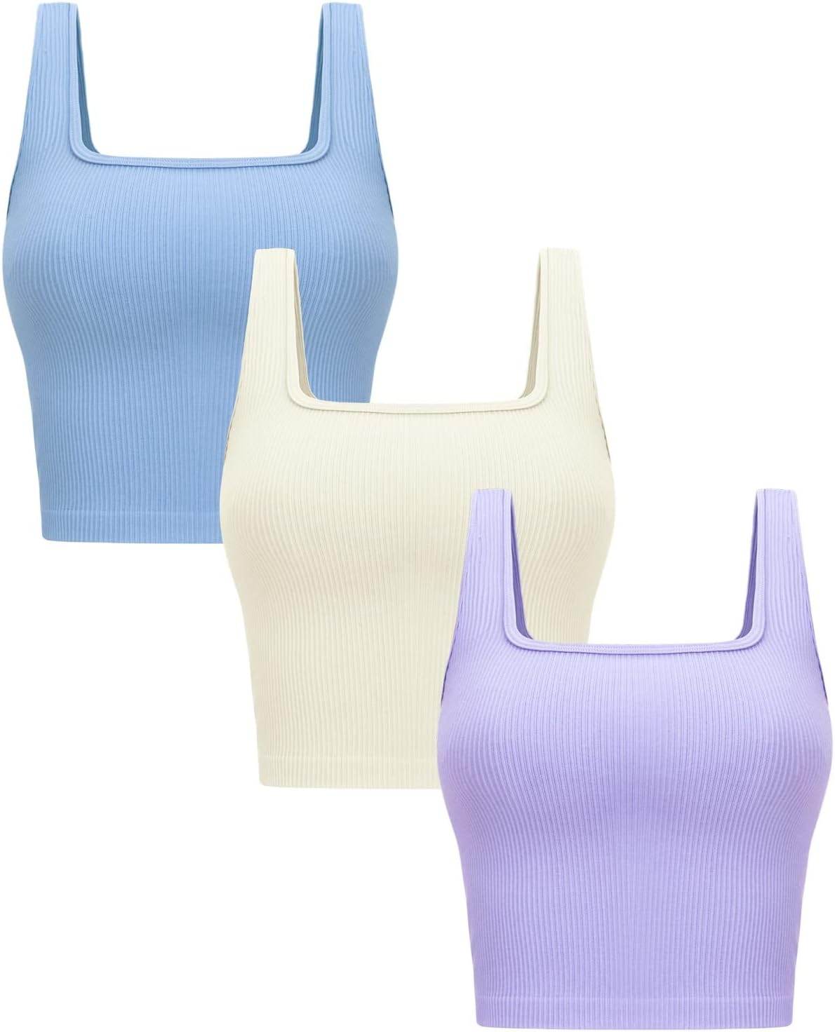 OLCHEE Womens 3 Pack Crop Tank Tops Basic Seamless Ribbed Sleeveless Square Neck Workout Top Summer Exercise Yoga Gym Shirts - zenfulharmony.com