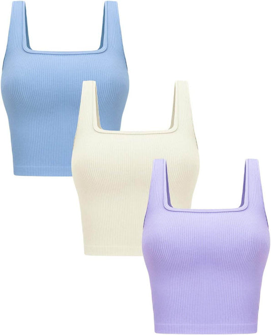 OLCHEE Womens 3 Pack Crop Tank Tops Basic Seamless Ribbed Sleeveless Square Neck Workout Top Summer Exercise Yoga Gym Shirts - zenfulharmony.com