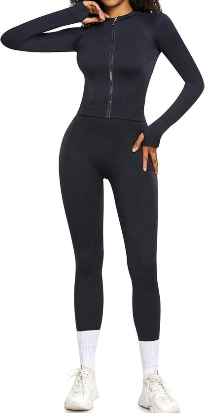 OLCHEE Womens Workout Sets 2 Piece - Seamless Yoga Outfits Long Sleeve Zipper Jacket High Waist Leggings Butt Lifting Gym Set - zenfulharmony.com