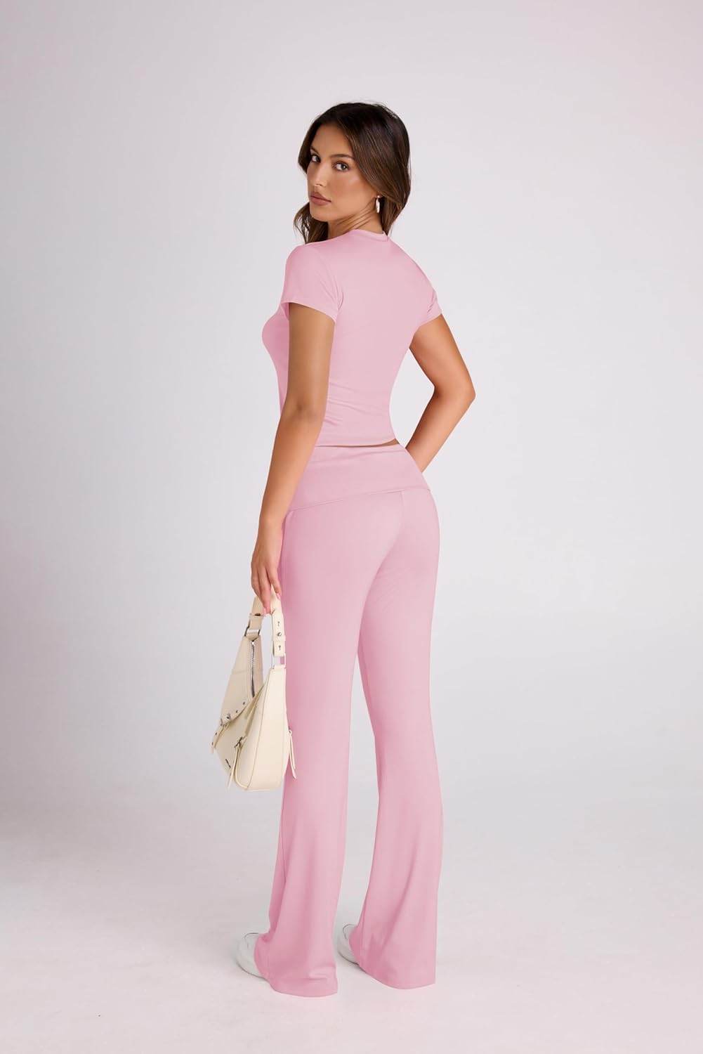 Ivicoer Stylish Women's 2 Piece Outfits Soft Short Sleeve Crop Tops and Fold over Yoga Pants Y2k Sets Two Piece Lounge Sets - zenfulharmony.com