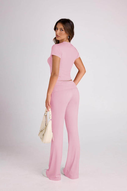 Ivicoer Stylish Women's 2 Piece Outfits Soft Short Sleeve Crop Tops and Fold over Yoga Pants Y2k Sets Two Piece Lounge Sets - zenfulharmony.com