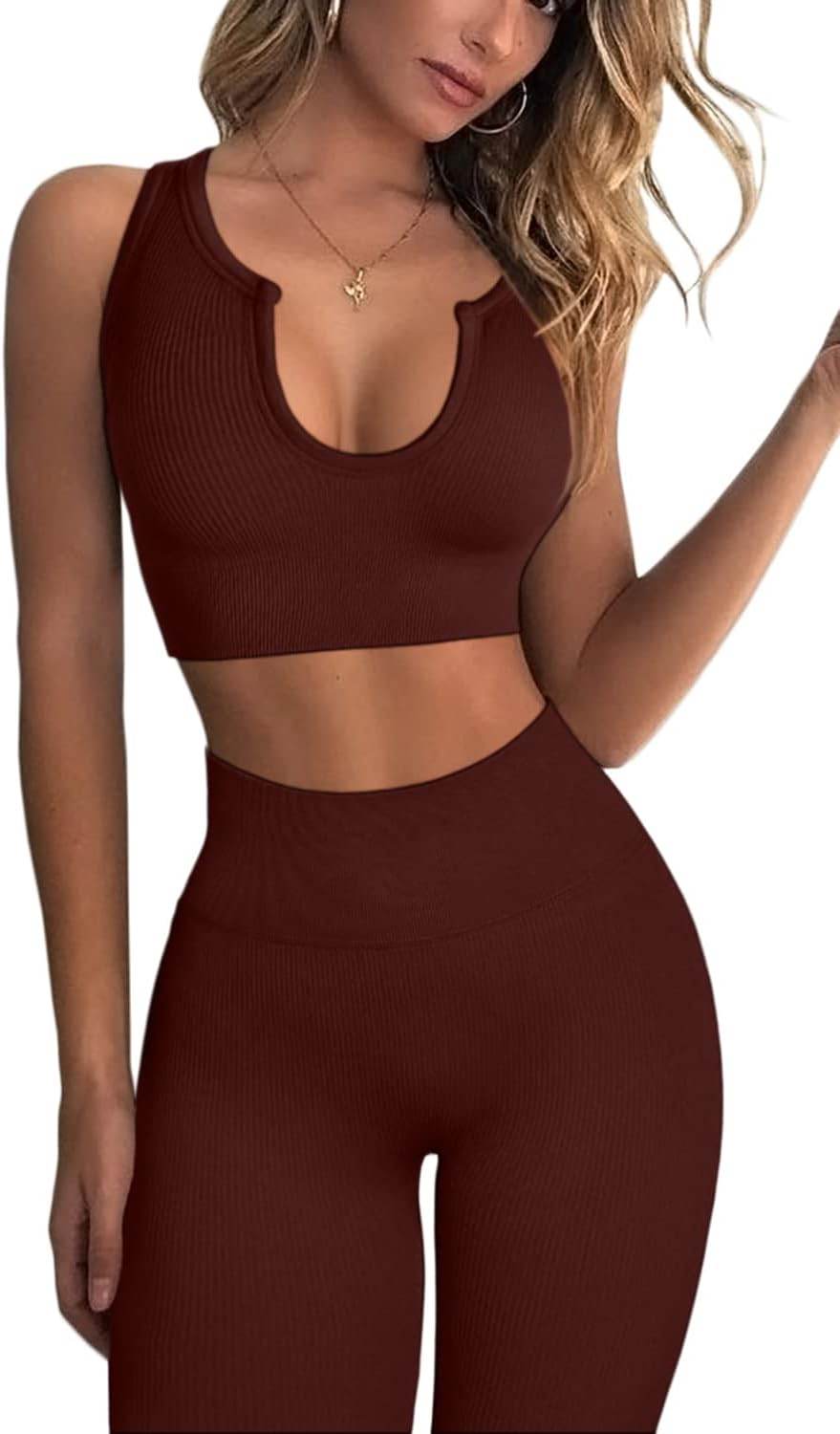 QINSEN Workout Outfits for Women 2 Piece Ribbed Seamless Crop Tank High Waist Yoga Leggings Sets - zenfulharmony.com