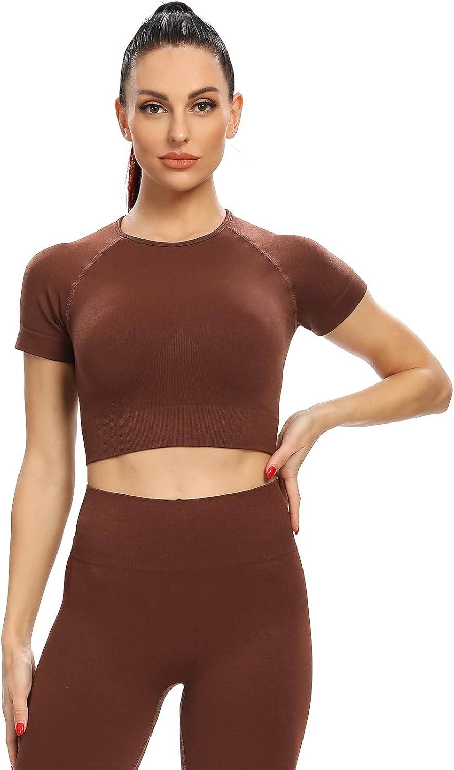 2 Piece Short Sleeve Outfits for Women Seamless Crop Tops Set for Women Workout Set - zenfulharmony.com