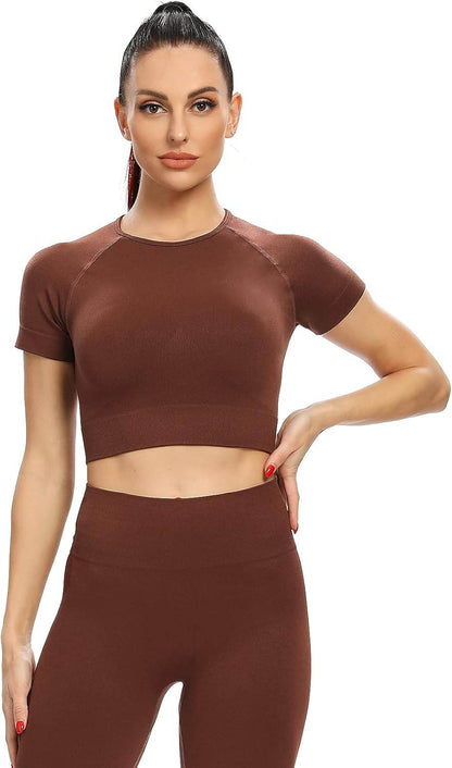 2 Piece Short Sleeve Outfits for Women Seamless Crop Tops Set for Women Workout Set - zenfulharmony.com