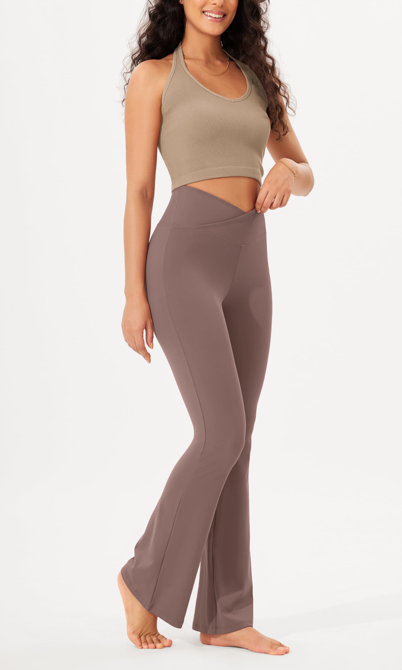 ODODOS Women's Cross Waist Bootcut Yoga Pants with Hidden Pocket, Non See Through Bootleg Athlete Workout Pants -Inseam 31", Purple Taupe, X-Large - zenfulharmony.com