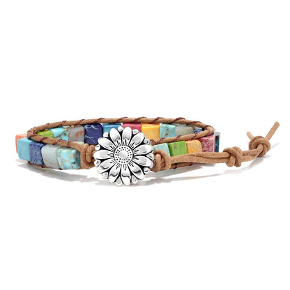 sedmart 7 Chakra Bracelets for Women with Real Stones Leather Wrap Healing Bead Bracelet Women Men Boho Friendship Jewelry… (Flower Button & Square Stone) - zenfulharmony.com