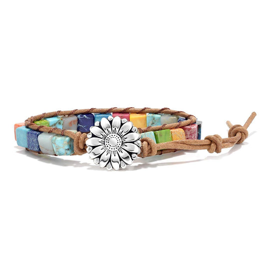 sedmart 7 Chakra Bracelets for Women with Real Stones Leather Wrap Healing Bead Bracelet Women Men Boho Friendship Jewelry… (Flower Button & Square Stone) - zenfulharmony.com