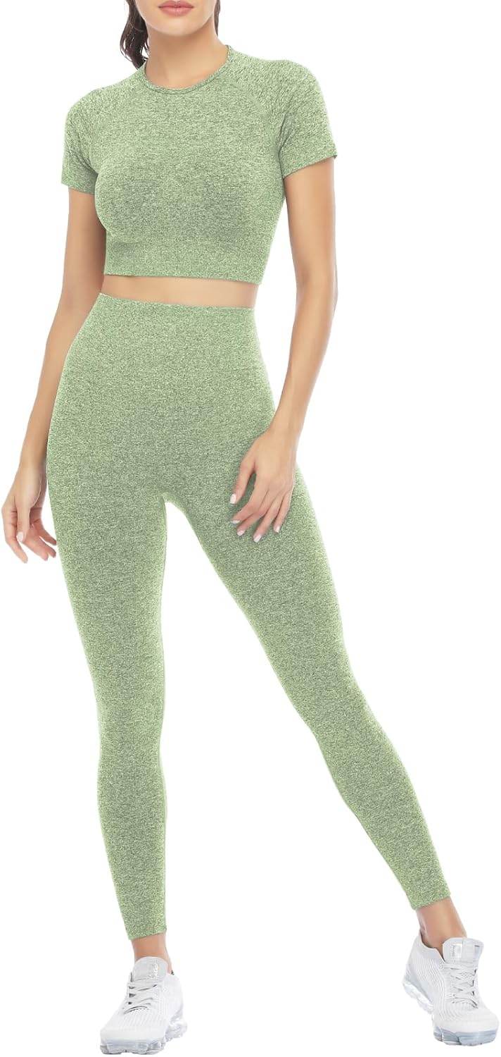 2 Piece Short Sleeve Outfits for Women Seamless Crop Tops Set for Women Workout Set - zenfulharmony.com