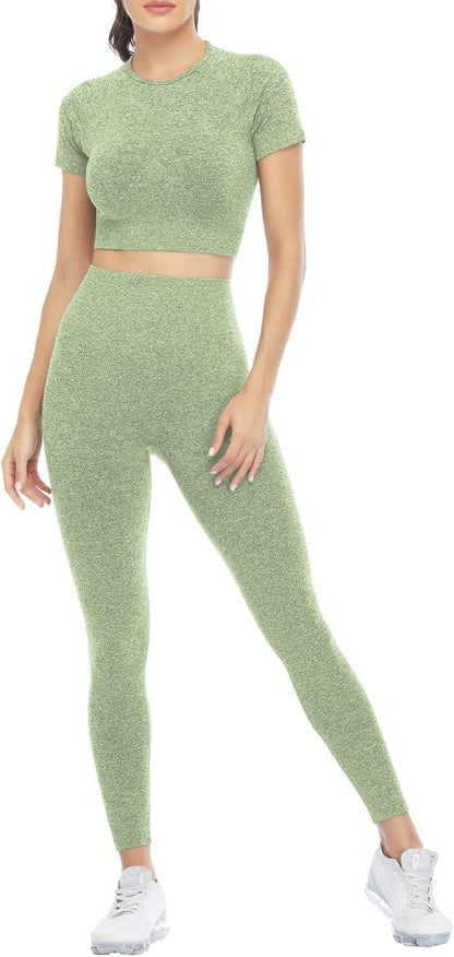2 Piece Short Sleeve Outfits for Women Seamless Crop Tops Set for Women Workout Set - zenfulharmony.com